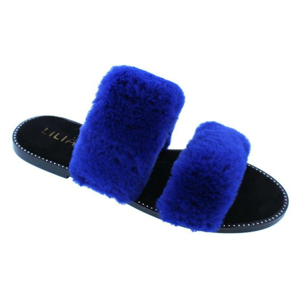 NEW Liliana Blue Fur Double Band Flat Slides - Picture 2 of 7